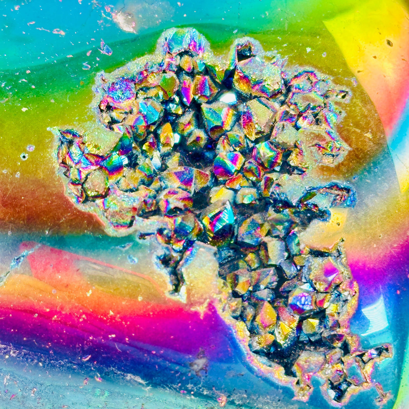 Rainbow Titanium Coated Crystal Heart - One-of-a-Kind closeup for detail