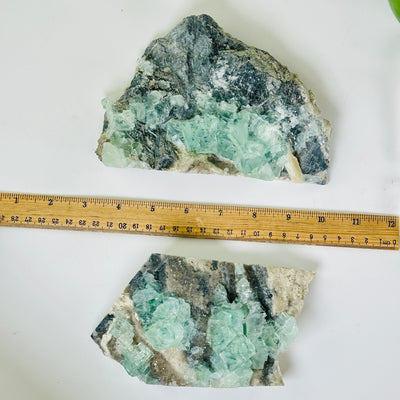 Water-Clear Green Cubic Fluorite on Crystal Quartz Druzy from China - Rare Find - You Choose both variants top view with ruler for size reference