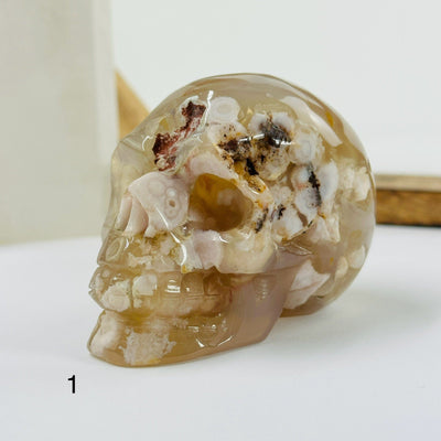 flower agate skulls with decorations in the background