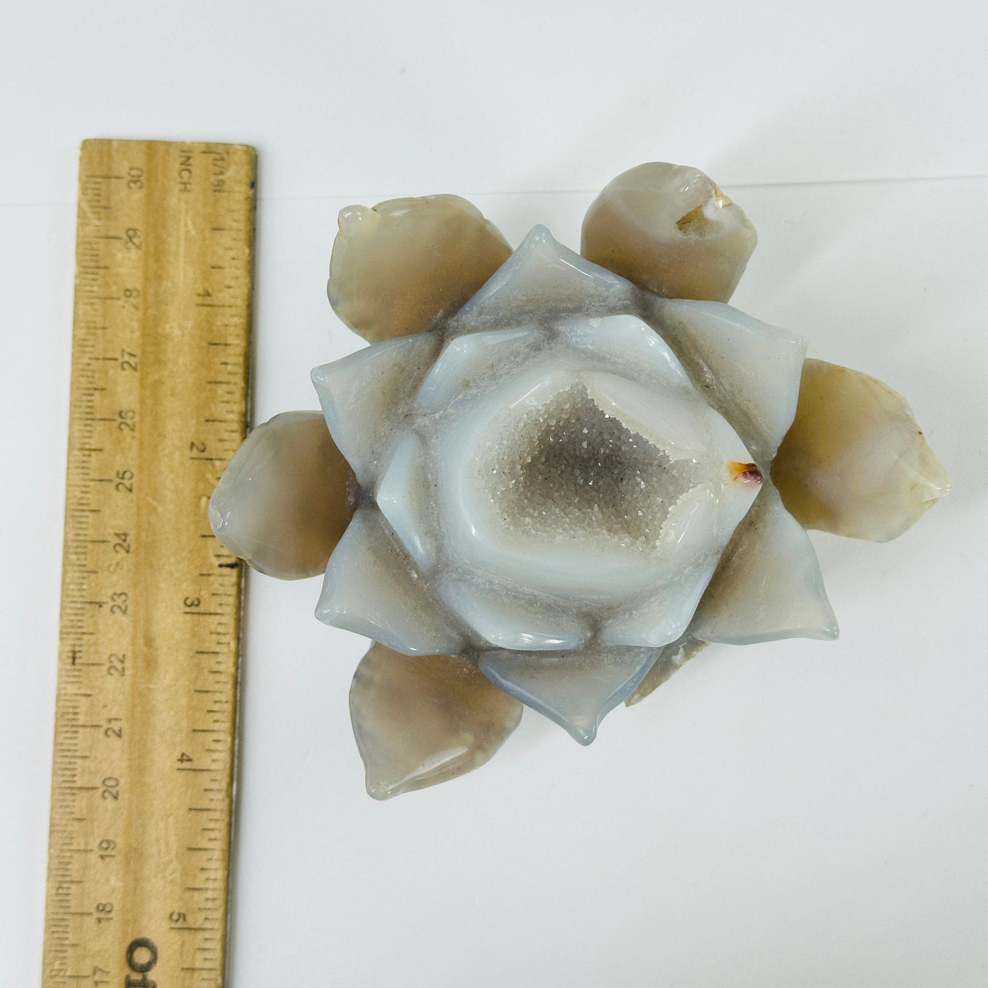 agate flower next to a ruler for size reference