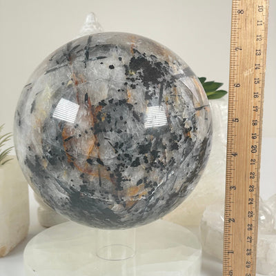 Black Tourmalinated Quartz Crystal Sphere - One-of-a-Kind with ruler for size reference