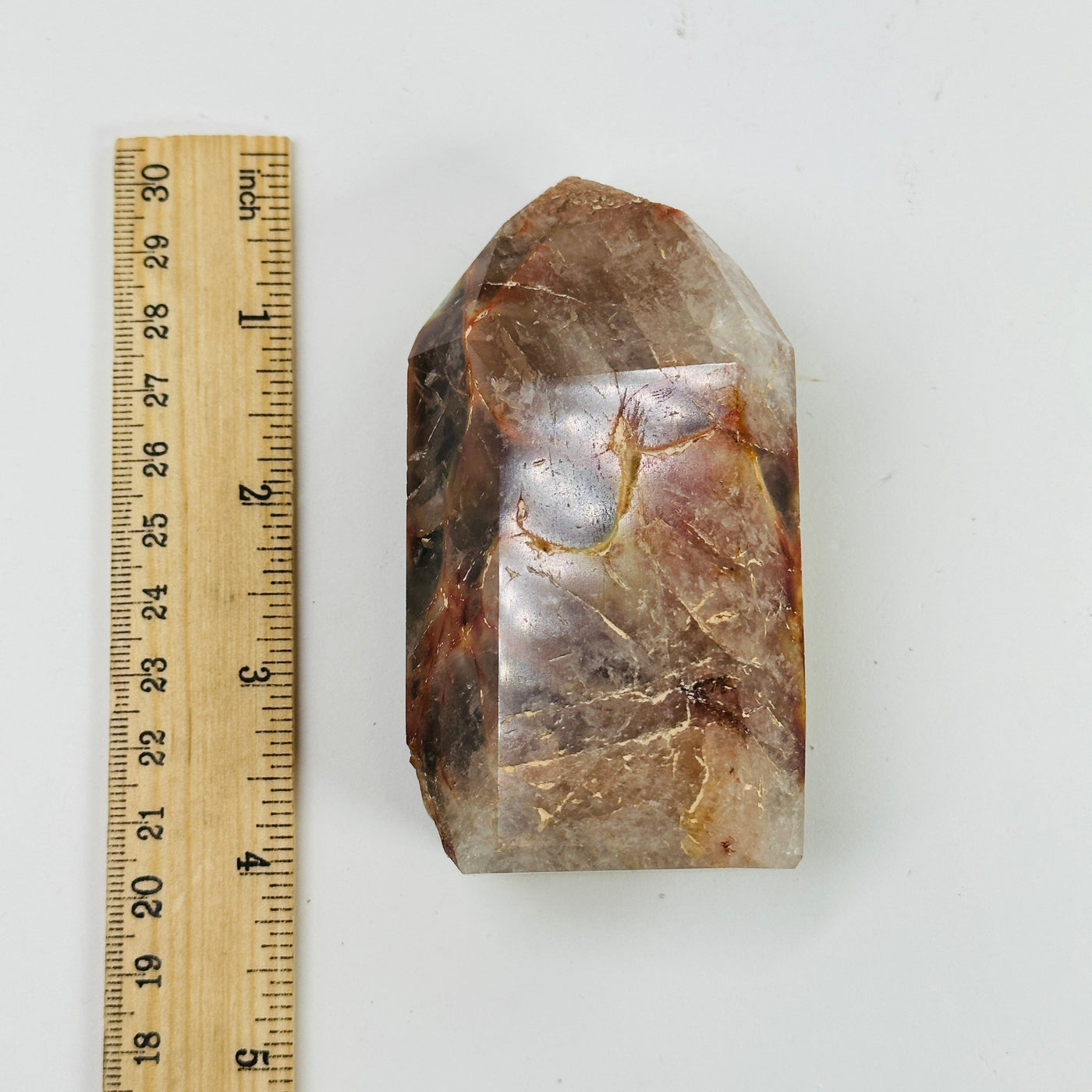 amphibole polished point next to a ruler for size reference