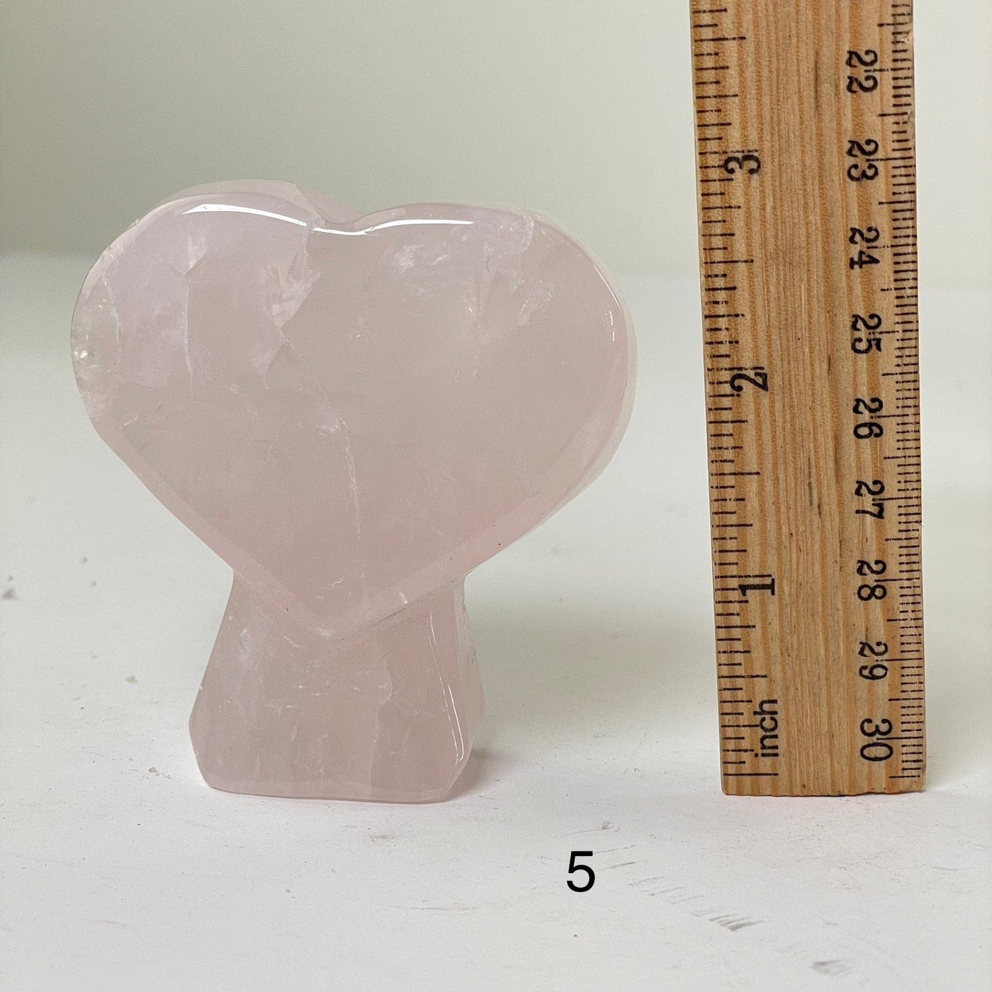 Rose Quartz Crystal Heart on Stand - You Choose variant 5 labeled with ruler for size reference