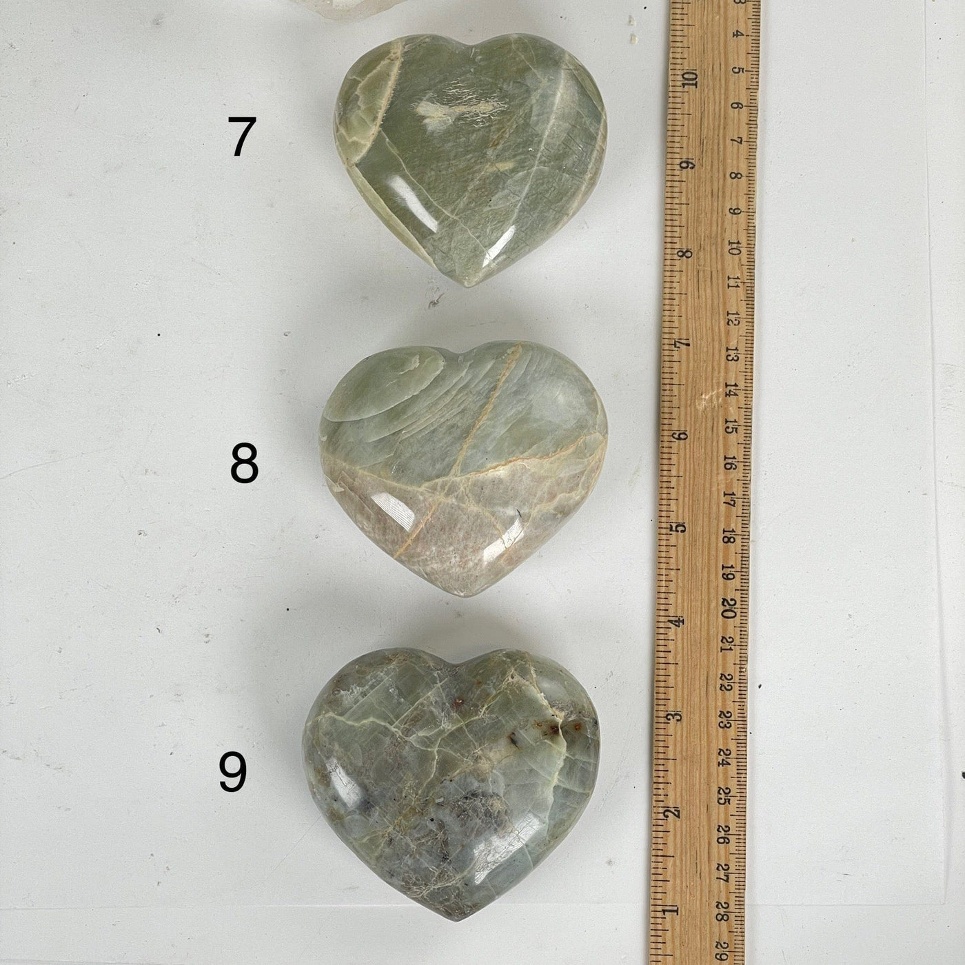 Garnierite Green Moonstone Crystal Heart - You Choose variants 7, 8, and 9 labeled with ruler for size reference