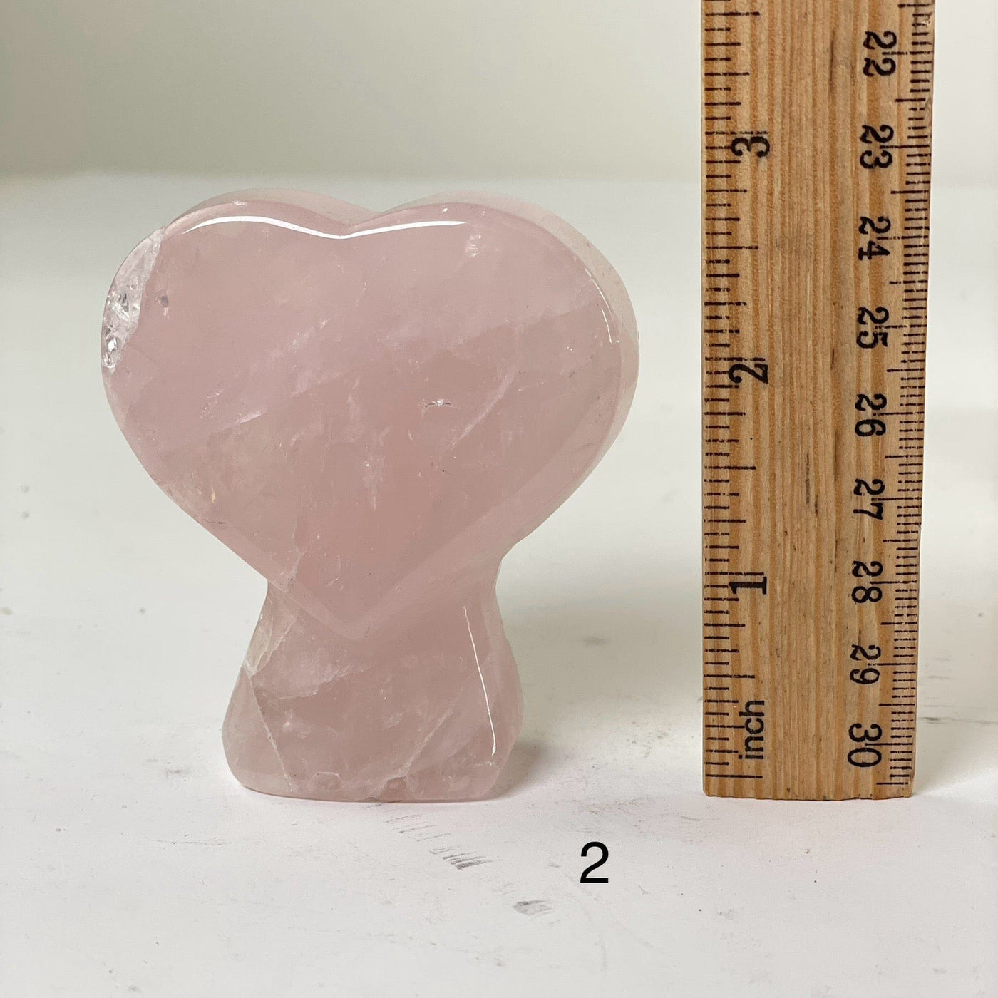 Rose Quartz Crystal Heart on Stand - You Choose variant 2 labeled with ruler for size reference