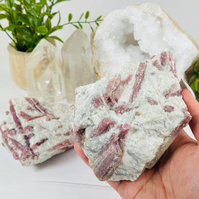 Pink Tourmaline Crystals on Aquamarine Matrix - You Choose #4 variant 2 in hand for size reference with other variant in the background