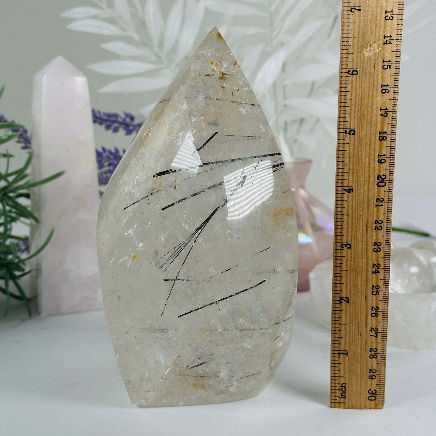 Golden Healer Quartz with Black Tourmaline - Crystal Flame Point Cut Base - One-of-a-Kind #3with ruler for size reference