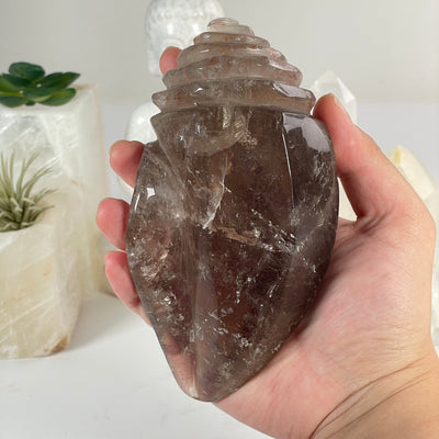 Rutilated Smoky Quartz Crystal Conch Shell - One-of-a-Kind in hand for size reference
