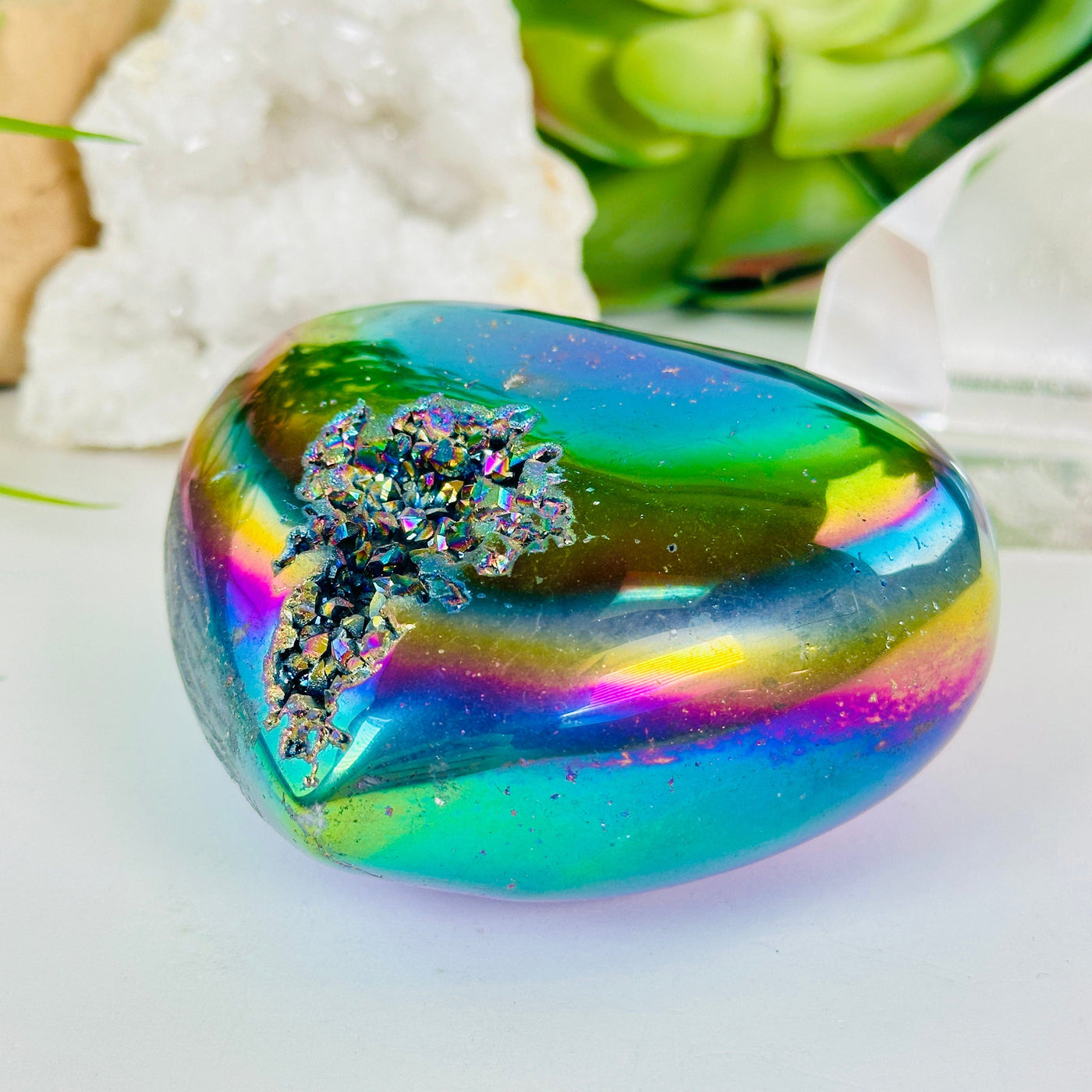 Rainbow Titanium Coated Crystal Heart - One-of-a-Kind side view