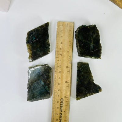 labradorite next to a ruler for size reference