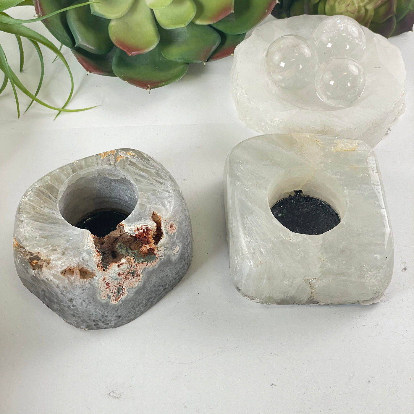 Agate Crystal Candle Holder - You Choose both variants with props and plants in the background