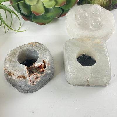 Agate Crystal Candle Holder - You Choose both variants with props and plants in the background