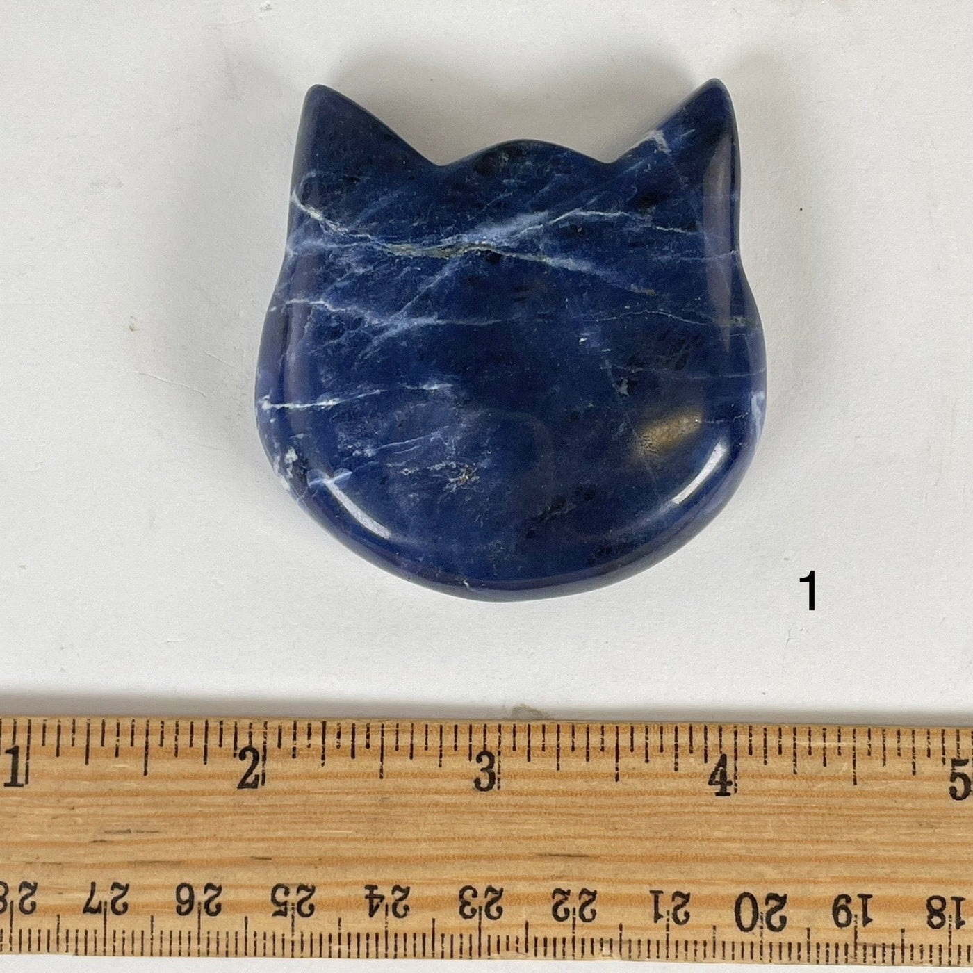 Sodalite Polished Crystal Cat Head - You Choose variant 1 labeled with ruler for size reference