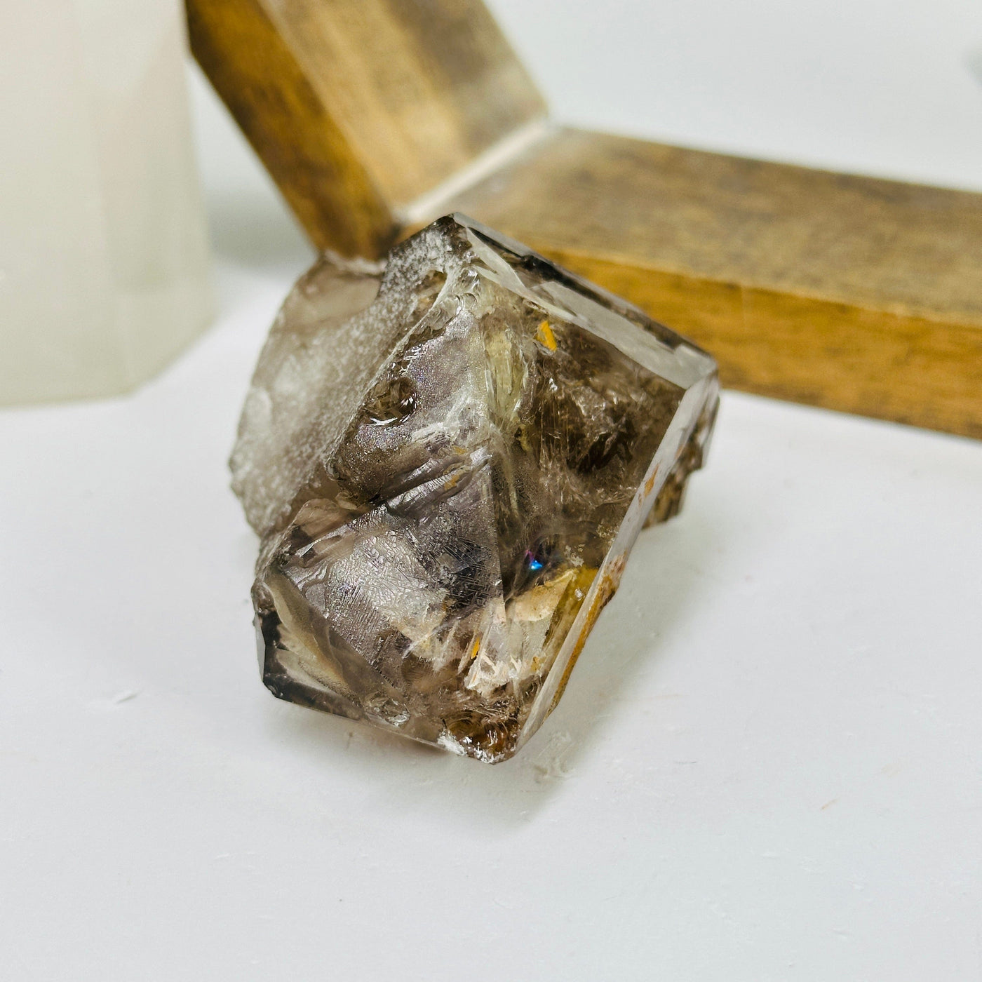 smokey quartz with decorations in the background