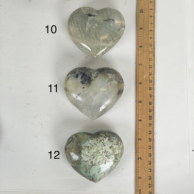 Garnierite Green Moonstone Crystal Heart - You Choose variants 10, 11, and 12 labeled with ruler for size reference