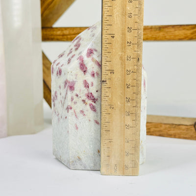 pink tourmaline point next to a ruler for size reference