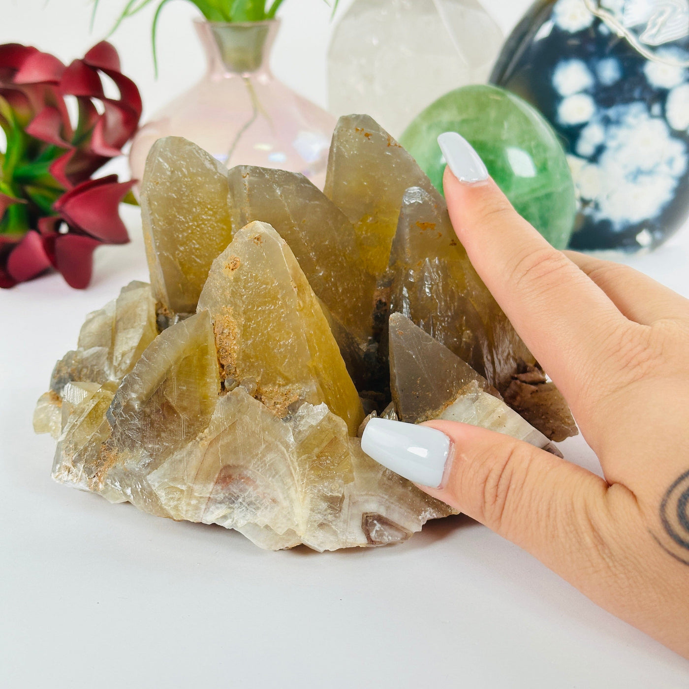 Dogtooth Calcite Crystal Cluster - One-of-a-Kind #1 with hand for size reference