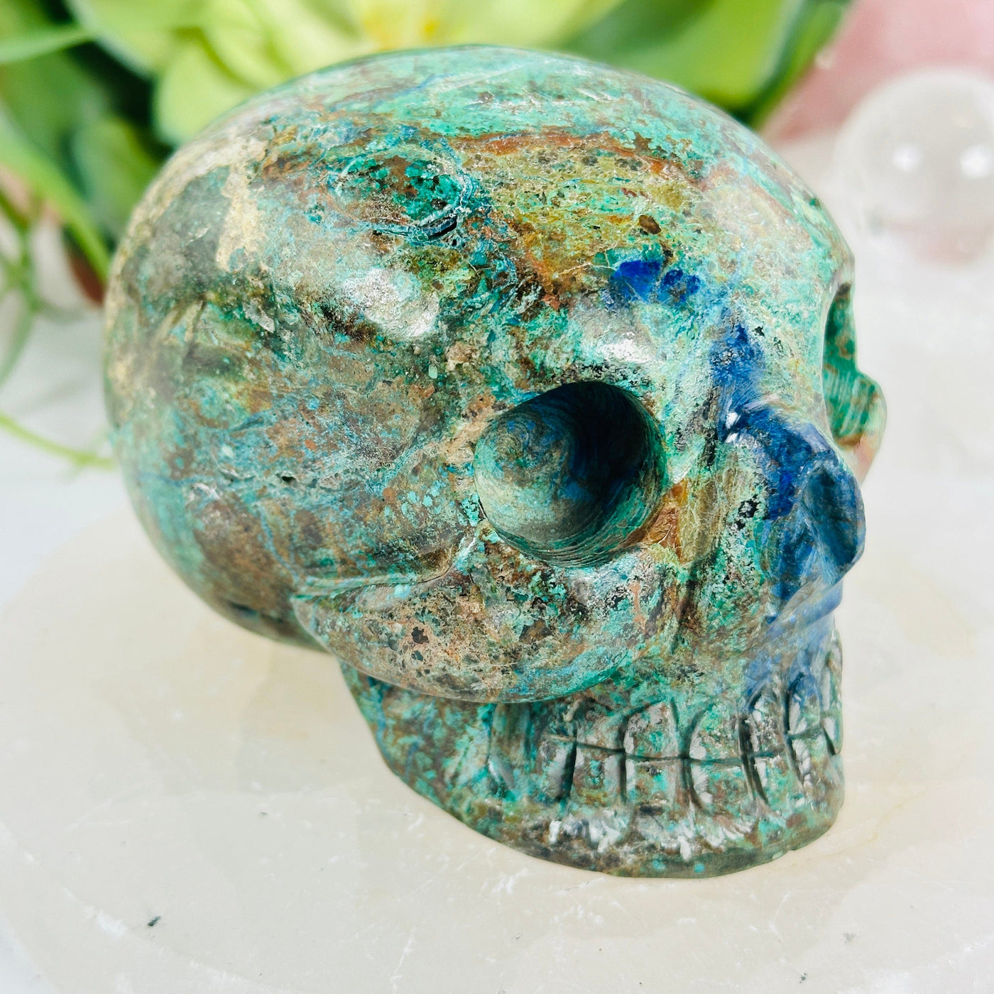 Azurite with Malachite Crystal Skull front other angle side view