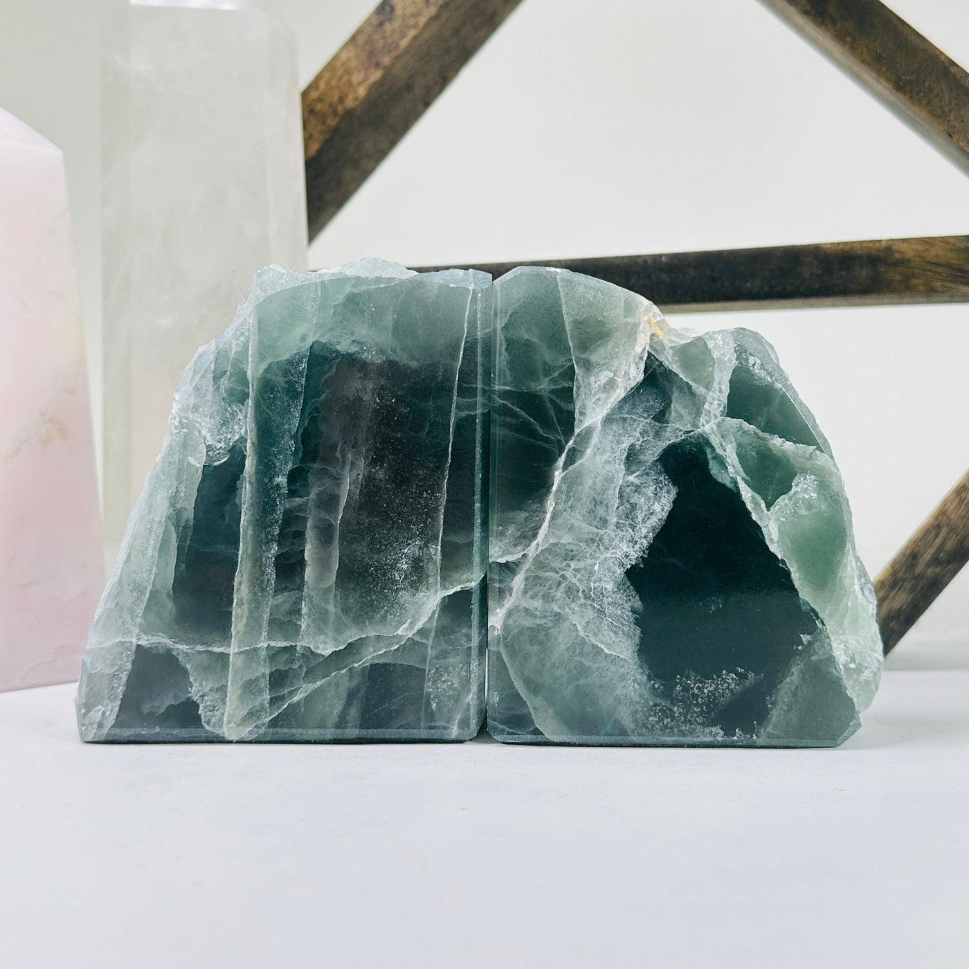 fluorite bookends with decorations in the background