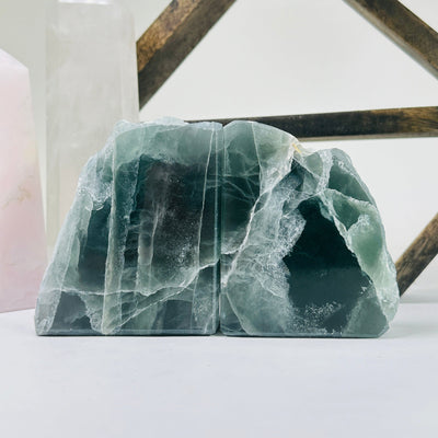 fluorite bookends with decorations in the background