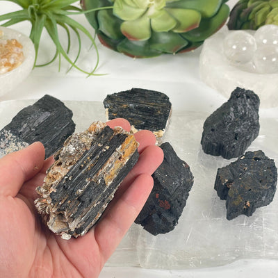 Black Tourmaline Crystal Chunks - You Get All #2 one in hand for size reference with others in background