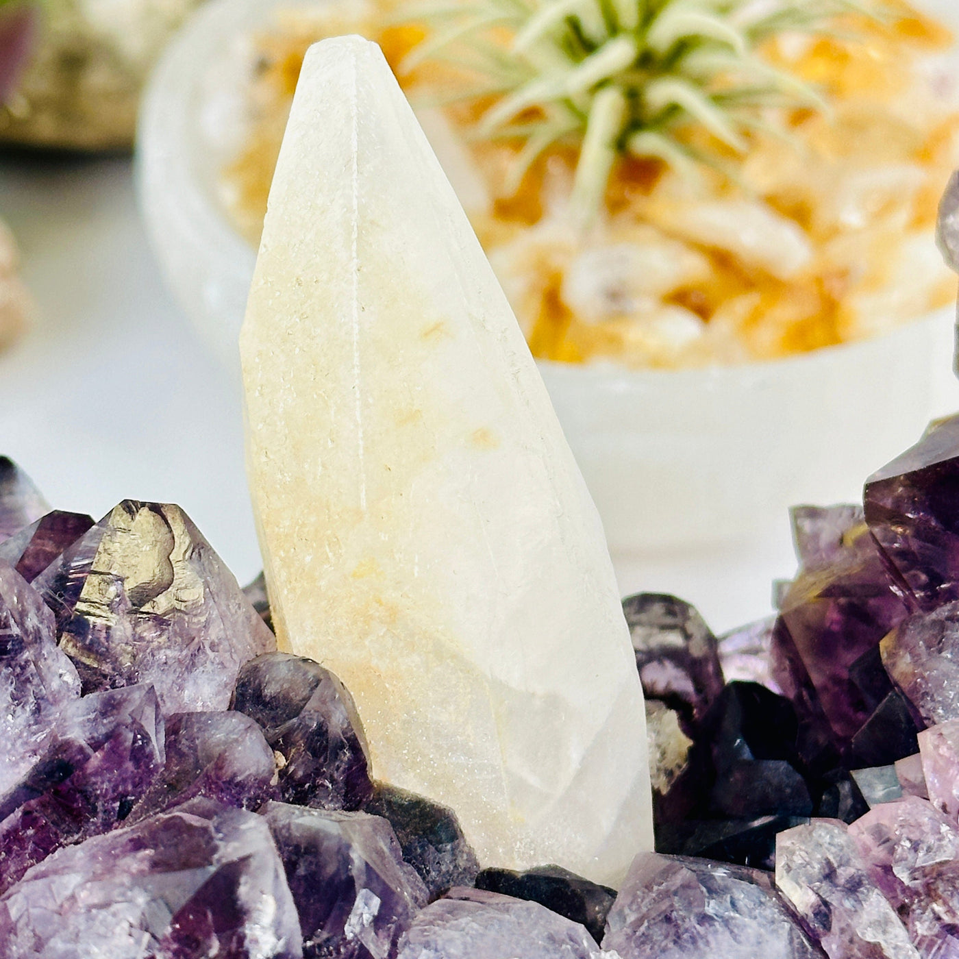 Amethyst Crystal Cluster with Calcite One-of-a-Kind #3 closeup for detail