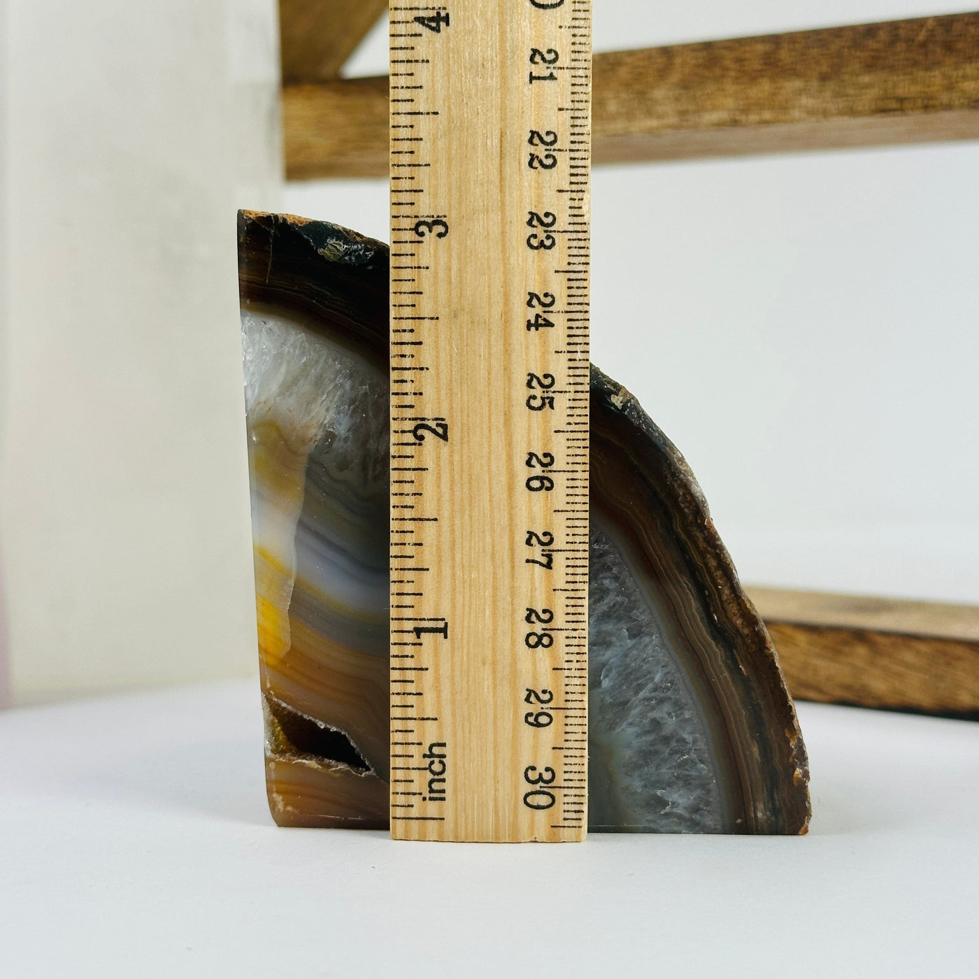 agate bookend next to a ruler for size reference