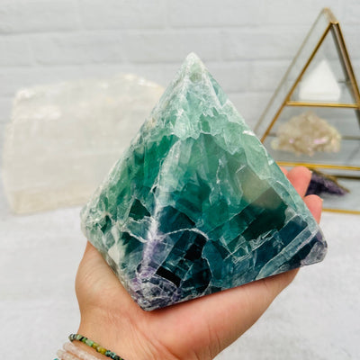 Large Rainbow Fluorite Pyramid Crystal in hand for size reference 