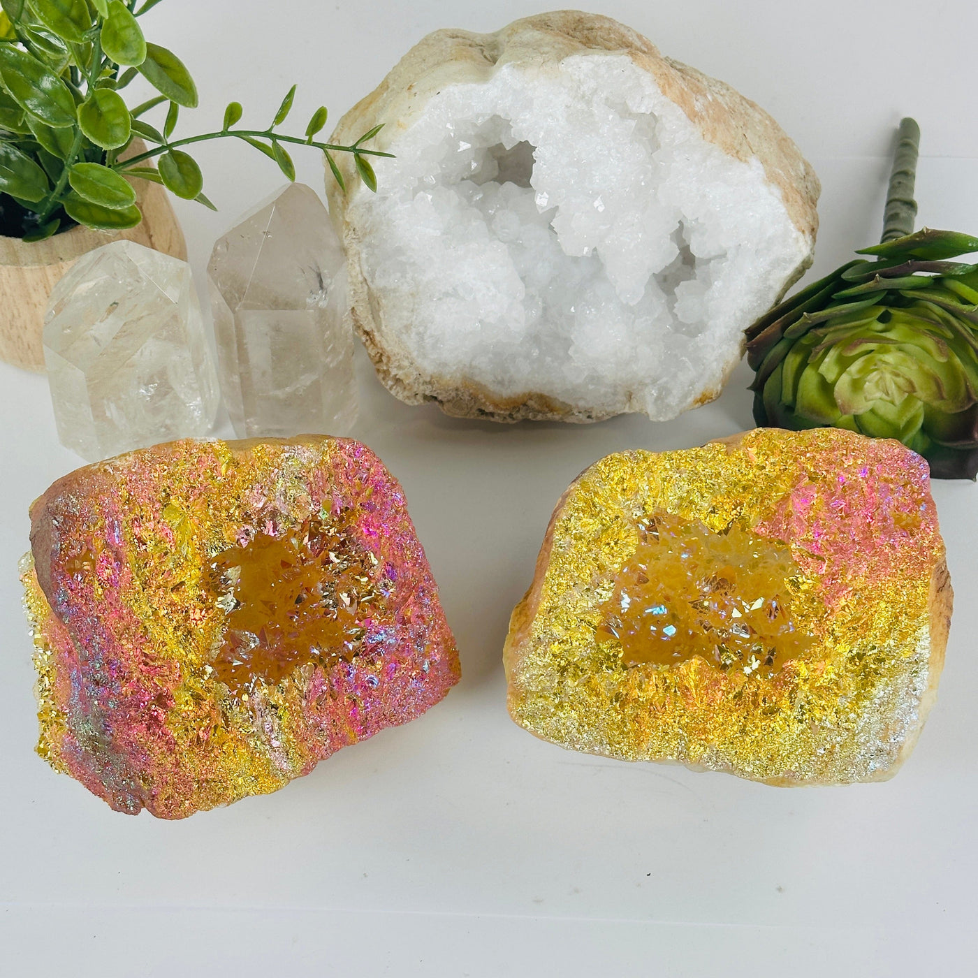 Sunshine Aura Quartz Crystal Geode Pair front view with props and plants in the background