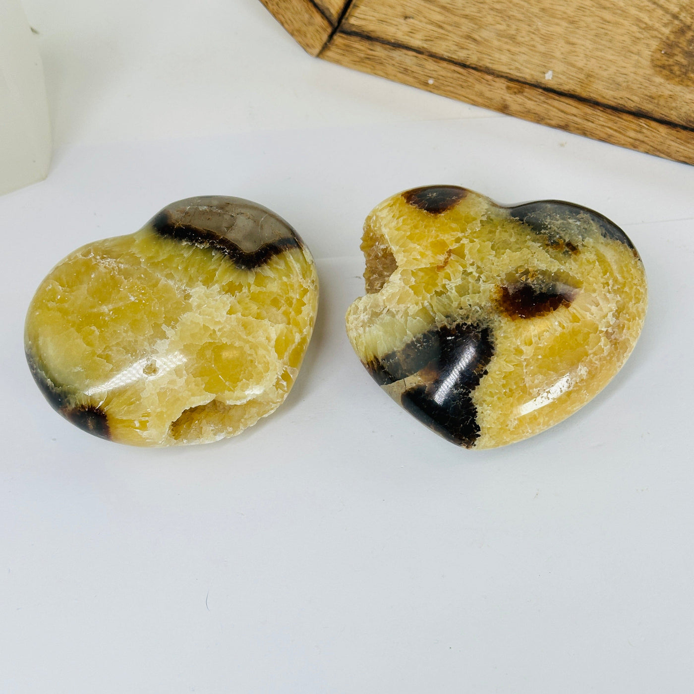 septarian hearts with decorations in the background