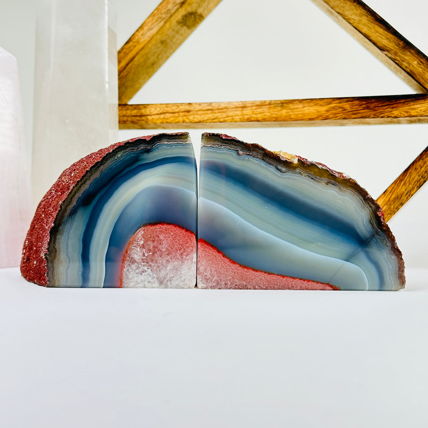 agate bookend with decorations in the background