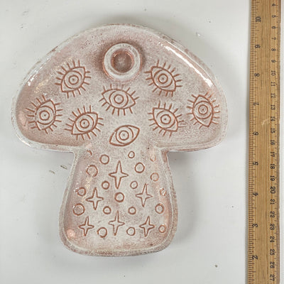 Evil Eye Protection Mushroom Tray with Cone Incense Holder - next to a ruler for size reference