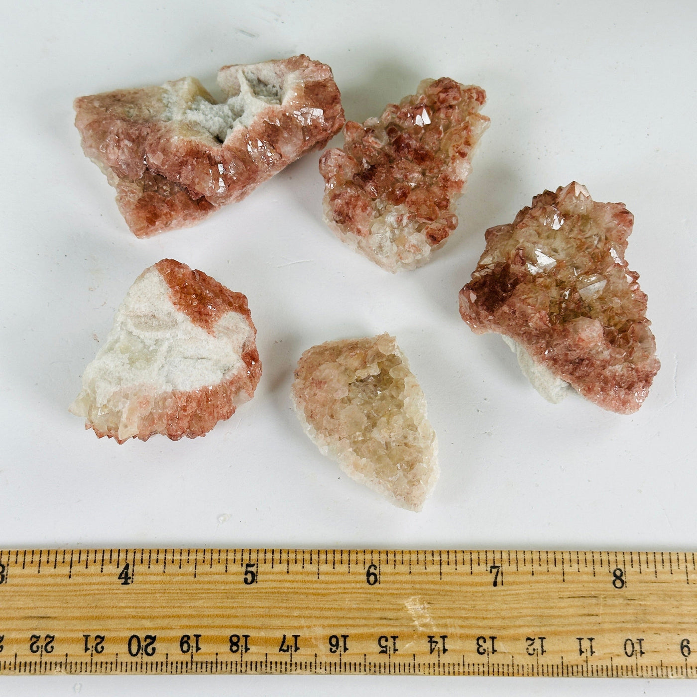 Lithium Quartz Crystal Clusters - You Get All all variants top view with ruler for size reference