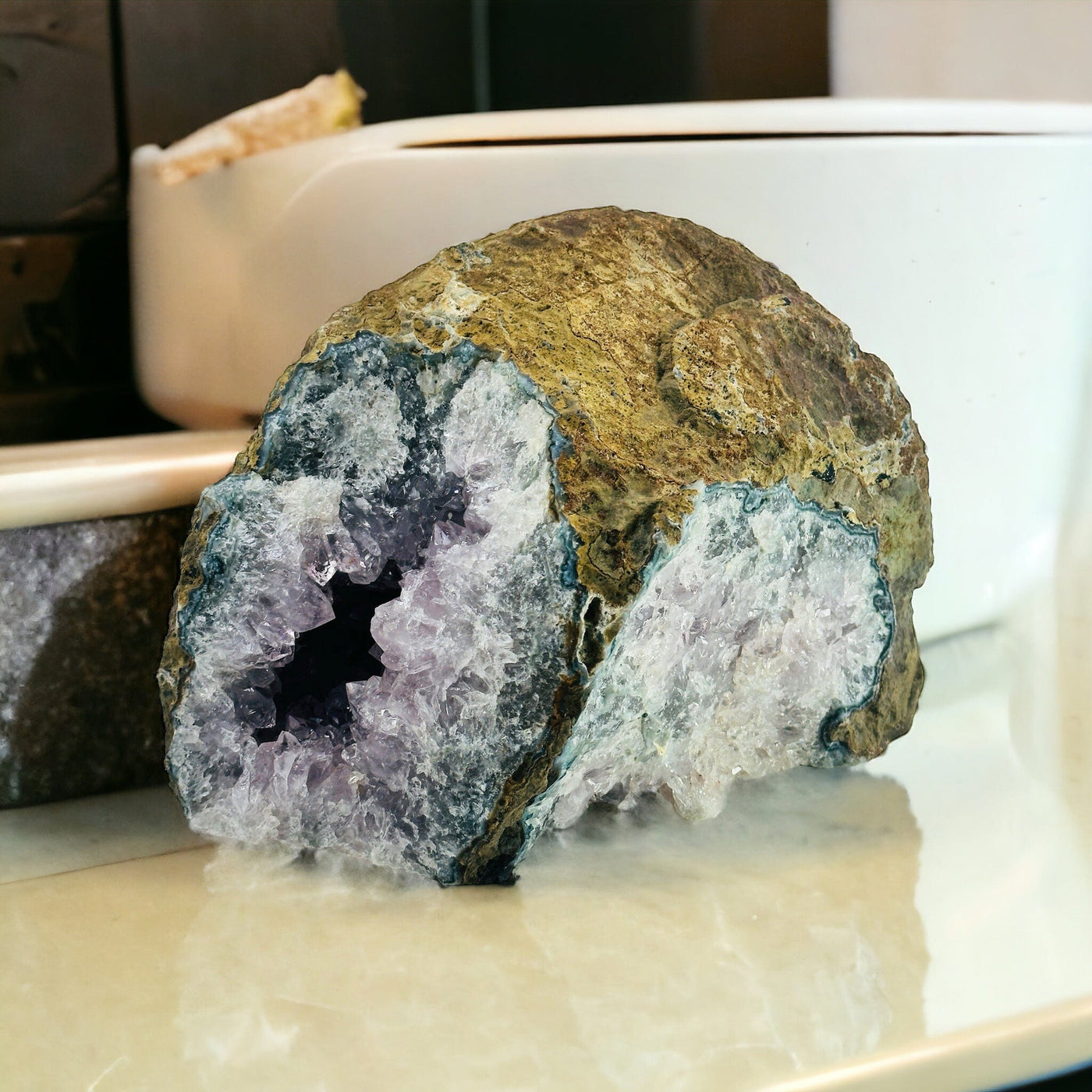  Amethyst Crystal on Matrix - You Choose - Variant A pictured on bathroom countertop