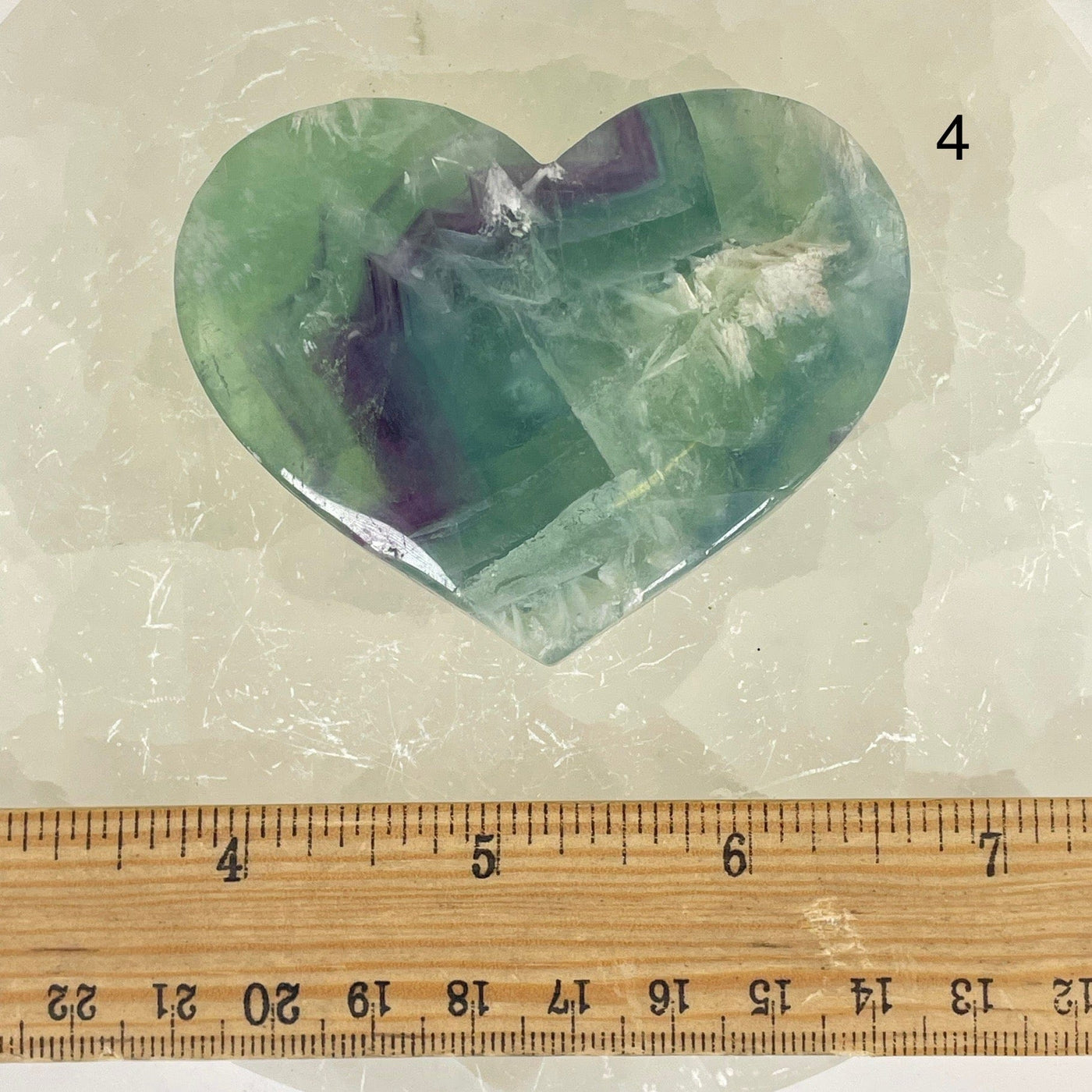 Rainbow Feathered Fluorite Crystal Heart - You Choose variant 4 labeled with ruler for size reference