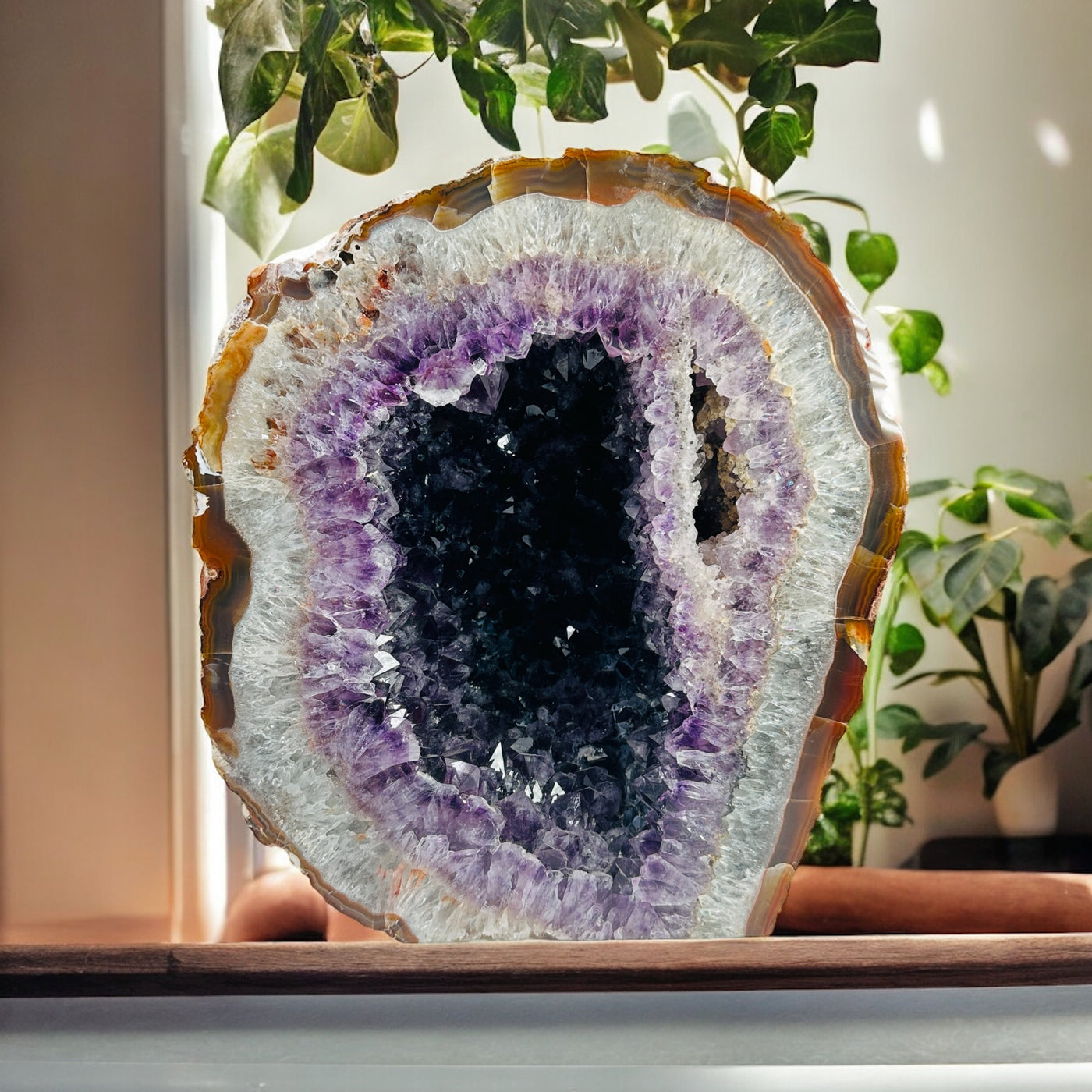 amethyst cut base with decorations in the background