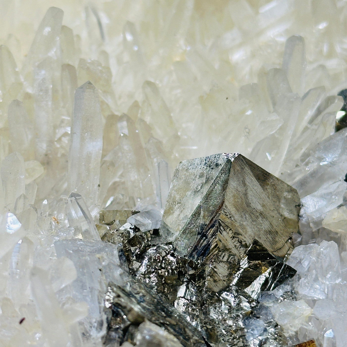 Cubic Pyrite on High Grade Crystal Quartz Cluster - Rare Find closeup for detail
