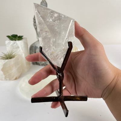 Crystal Quartz Polished Freeform on Metal Stand - One-of-a-Kind in hand for size reference
