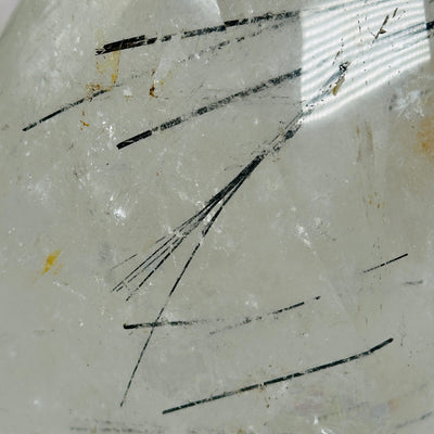 Golden Healer Quartz with Black Tourmaline - Crystal Flame Point Cut Base - One-of-a-Kind #3 closeup for detail