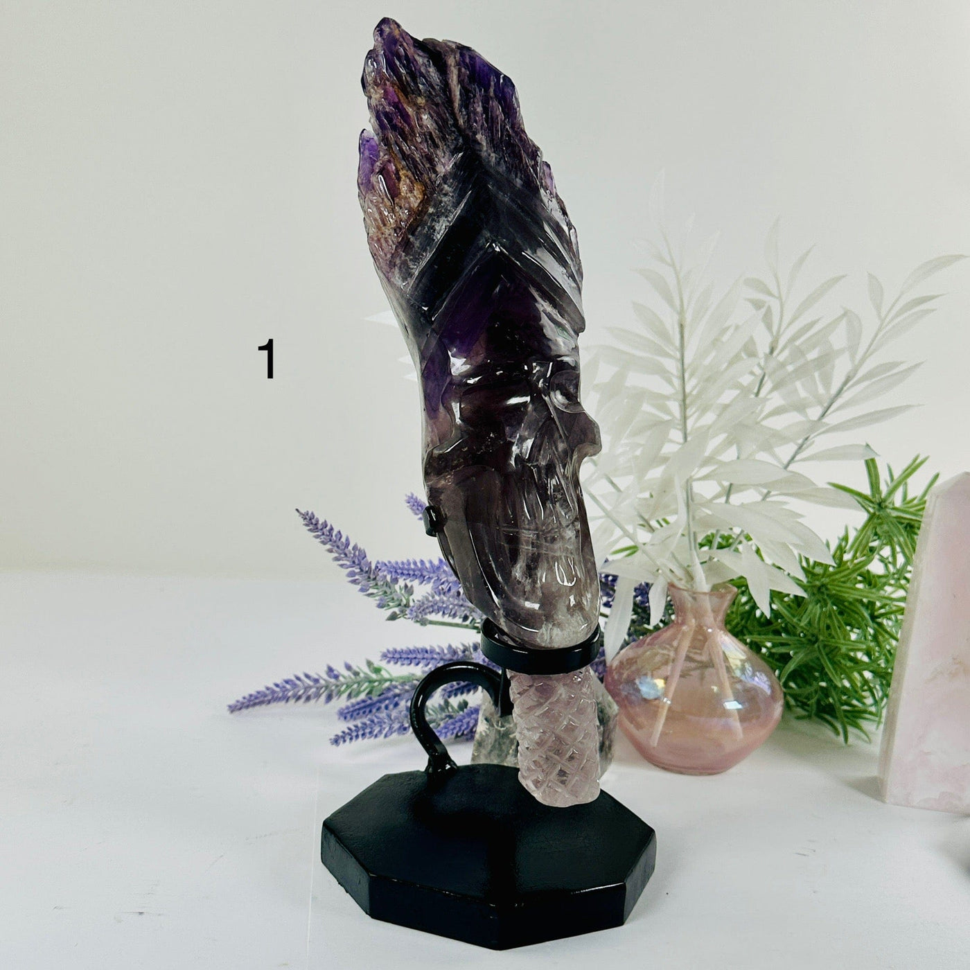 Elestial Amethyst Crystal Skull Sculpture on Stand - You Choose variant 1 labeled