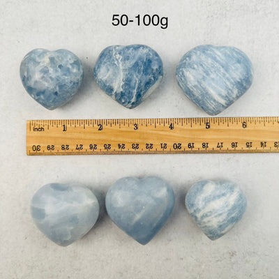 Blue Calcite Heart - CHOOSE WEIGHT next to a ruler for size reference 