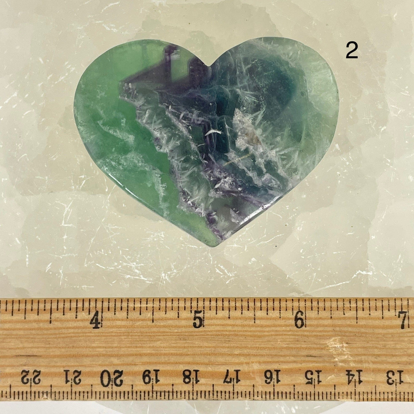 Rainbow Feathered Fluorite Crystal Heart - You Choose variant 2 labeled with ruler for size reference