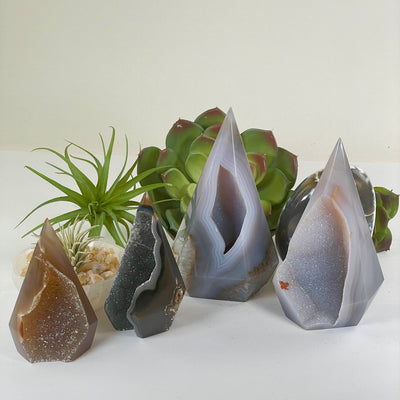 Agate Druzy Geode Long Wide Crystal Point Cut Base - As Is - You Choose all variants with plants and props in the background
