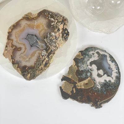 Scenic Moss Agate Crystal Slice - You Choose both variants top view