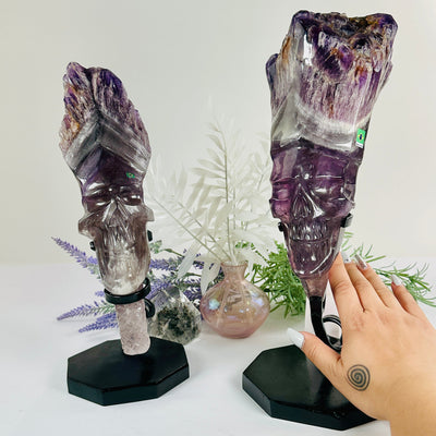 Elestial Amethyst Crystal Skull Sculpture on Stand - You Choose with hand for size reference and plants and props in the background