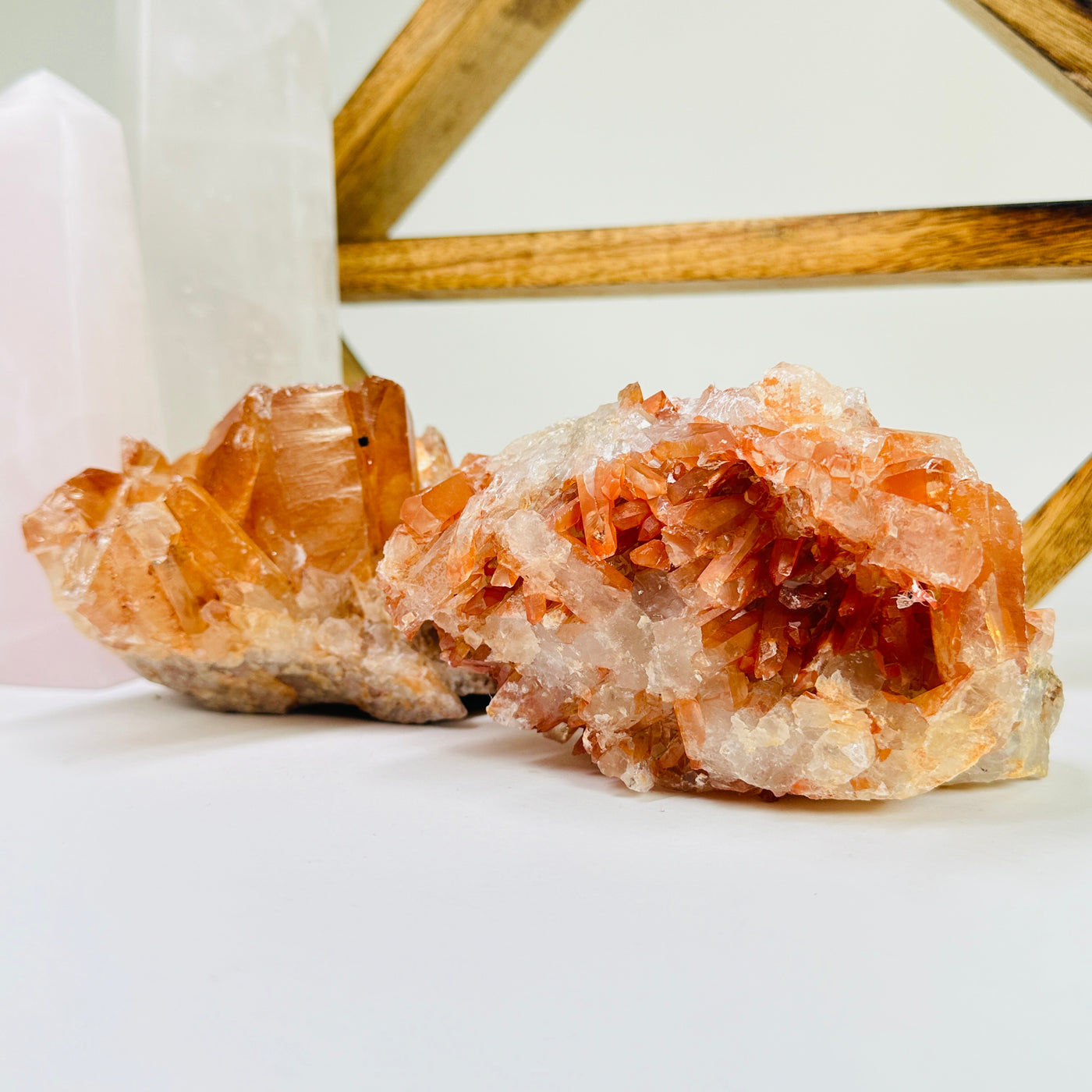 tangerine quartz with decorations in the background