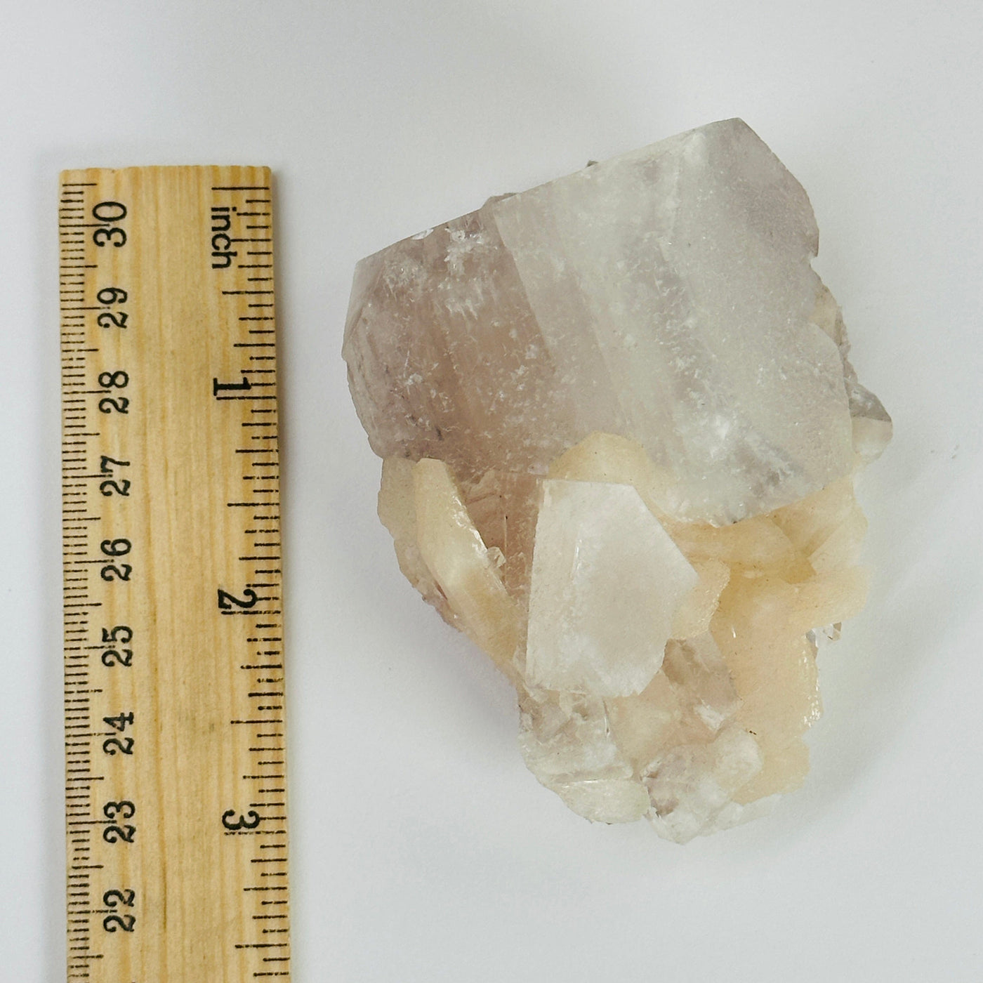 apophyllite next to a ruler for size reference