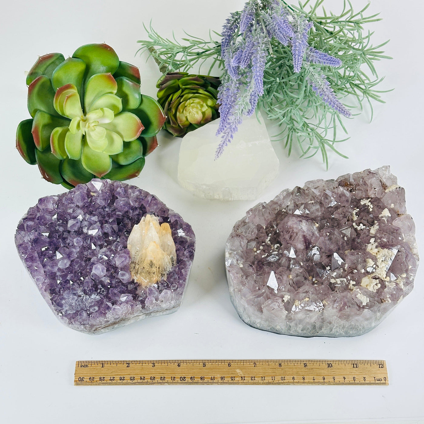 Amethyst Large Crystal Cluster with Calcite and Polished Sides - You Choose #1 both variants with ruler for size reference