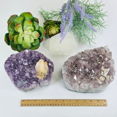 Amethyst Large Crystal Cluster with Calcite and Polished Sides - You Choose #1 both variants with ruler for size reference