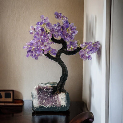 amethyst tree with decorations in the background
